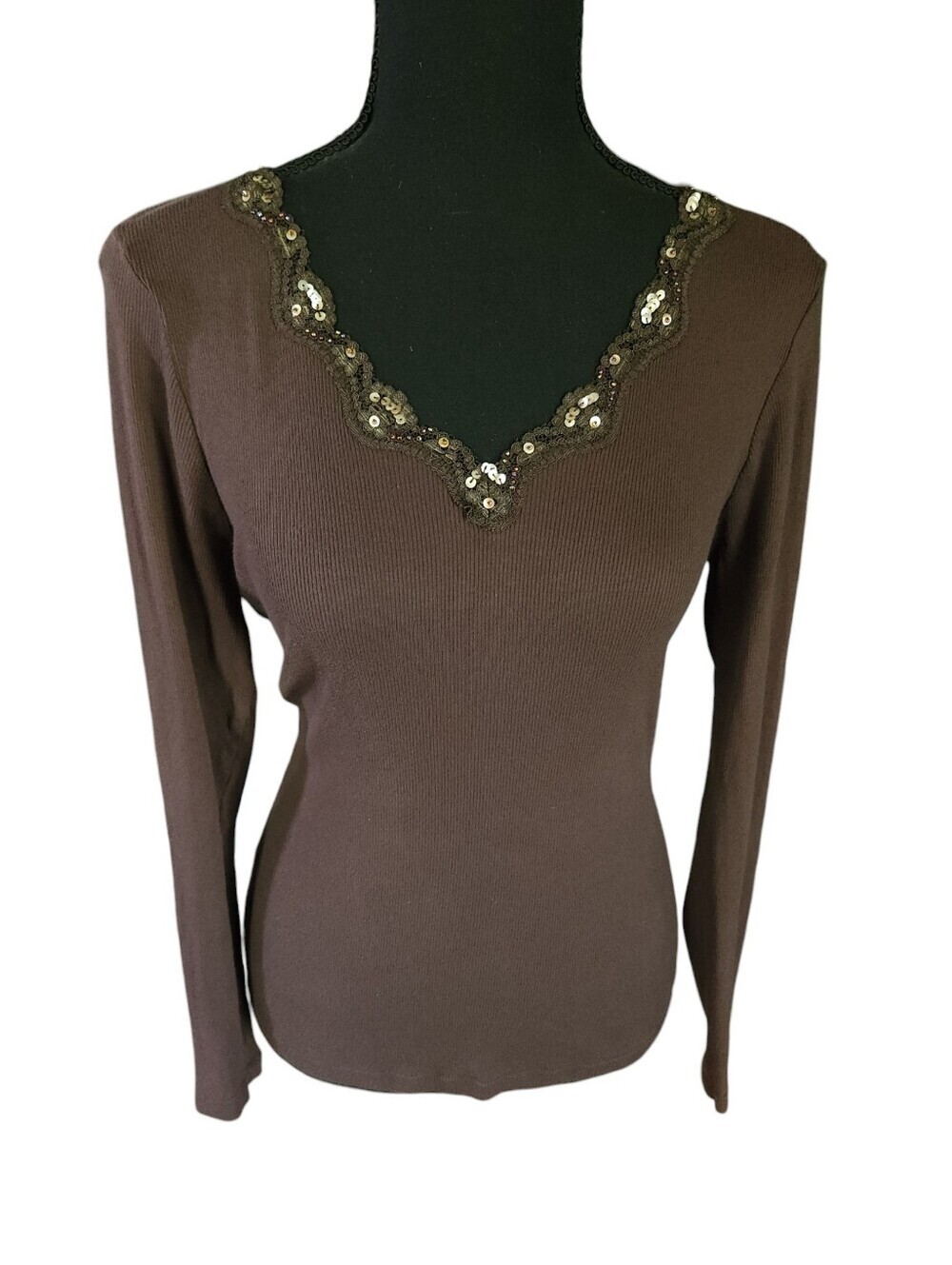 2010s Brown Long Sleeve Top Sequin Lace Beaded V Neck Sz M